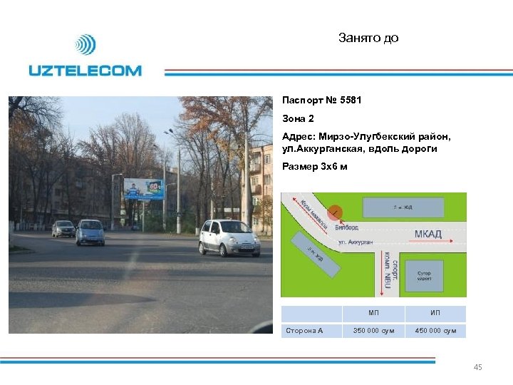 Занято до Паспорт № 5581 Зона 2 Адрес: Мирзо-Улугбекский район, ул. Аккурганская, вдоль дороги