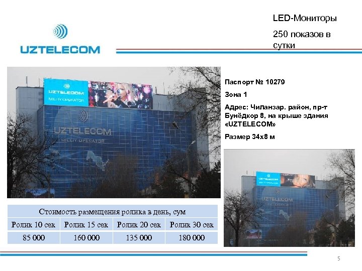 LED-Мониторы 250 показов в сутки Паспорт № 10279 Зона 1 Адрес: Чиланзар. район, пр-т