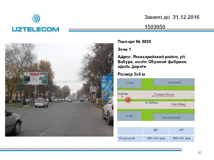 Занято до 31. 12. 2016 1503950 Паспорт № 5930 Зона 1 Адрес: Яккасарайский район,