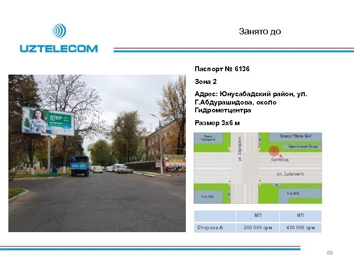 Занято до Паспорт № 6136 Зона 2 Адрес: Юнусабадский район, ул. Г. Абдурашидова, около