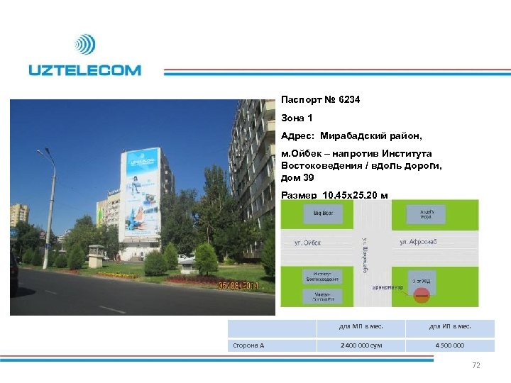 Паспорт № 6234 Зона 1 Адрес: Мирабадский район, м. Ойбек – напротив Института Востоковедения