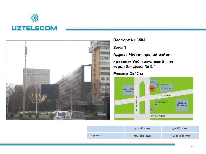 Паспорт № 6583 Зона 1 Адрес: Чиланзарский район, проспект Узбекистанский – на торце 9
