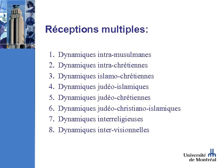 Réceptions multiples: 1. Dynamiques intra-musulmanes 2. Dynamiques intra-chrétiennes 3. Dynamiques islamo-chrétiennes 4. Dynamiques judéo-islamiques