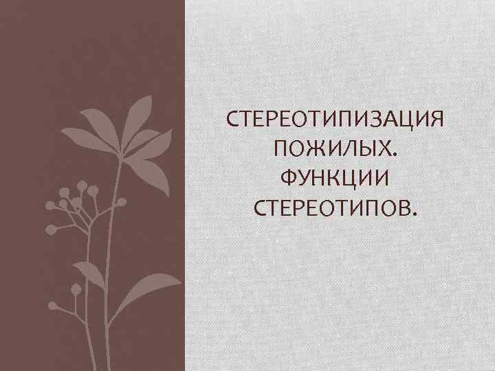 СТЕРЕОТИПИЗАЦИЯ ПОЖИЛЫХ. ФУНКЦИИ СТЕРЕОТИПОВ. 