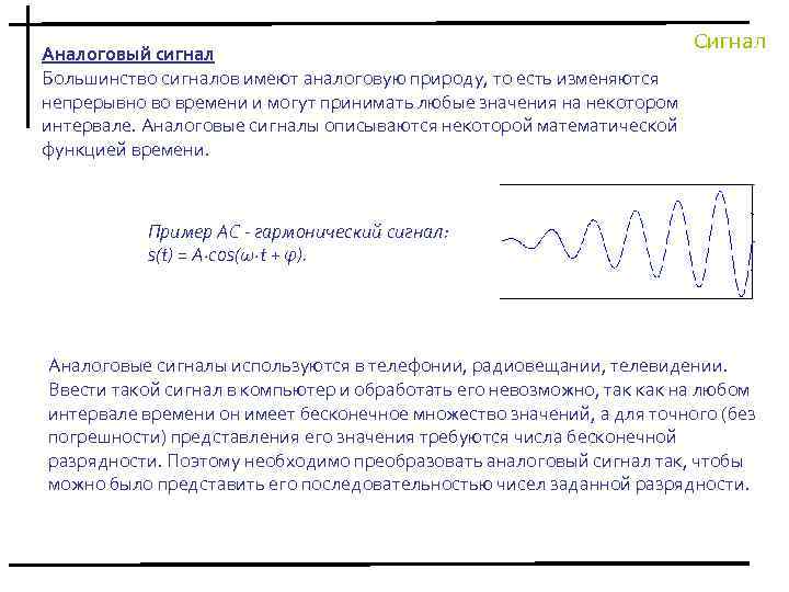 Аналоговый сигнал Большинство сигналов имеют аналоговую природу, то есть изменяются непрерывно во времени и