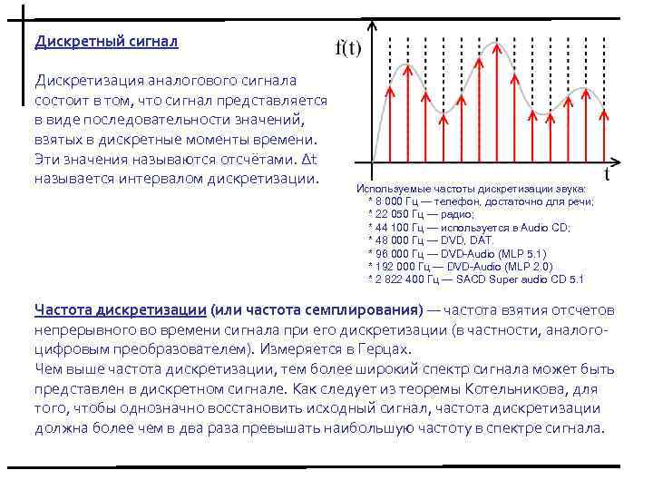 Дискретный сигнал Дискретизация аналогового сигнала состоит в том, что сигнал представляется в виде последовательности