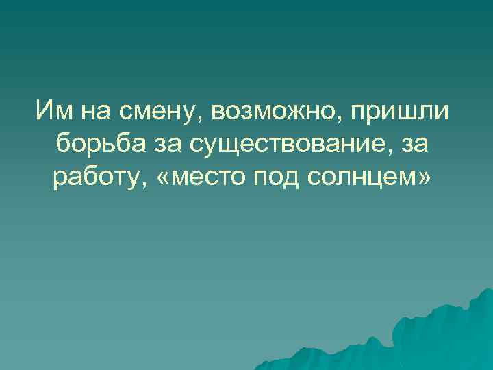 Им на смену, возможно, пришли борьба за существование, за работу, «место под солнцем» 