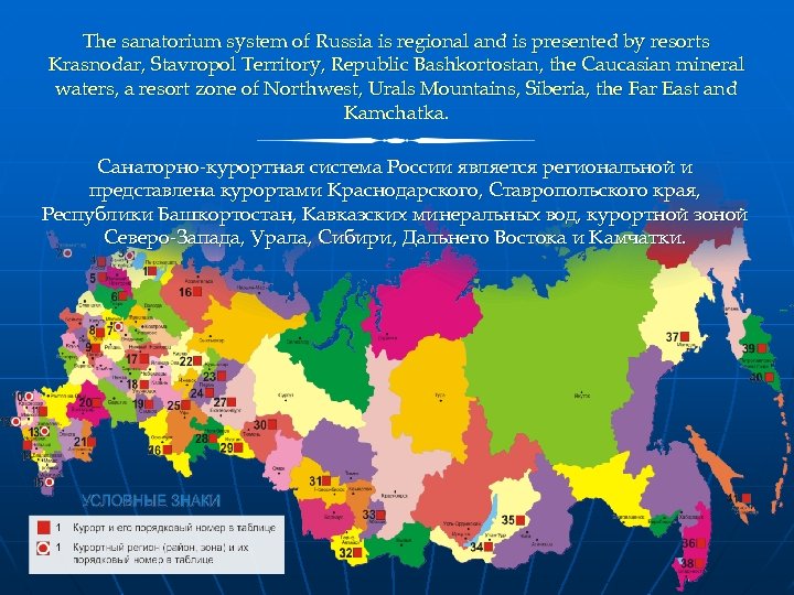 The sanatorium system of Russia is regional and is presented by resorts Krasnodar, Stavropol