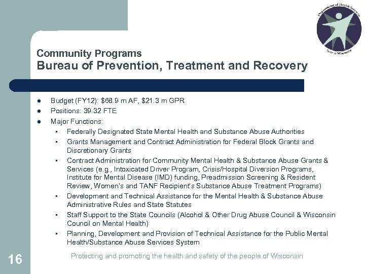 Community Programs Bureau of Prevention, Treatment and Recovery l l l 16 Budget (FY