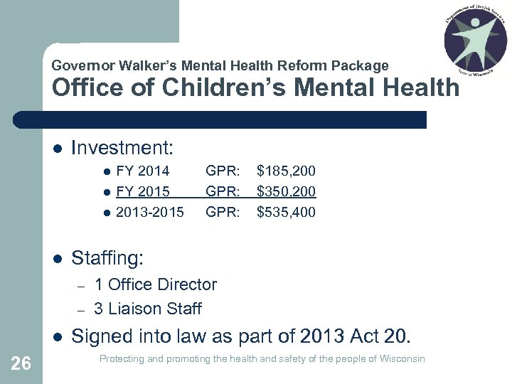 Governor Walker’s Mental Health Reform Package Office of Children’s Mental Health l Investment: l