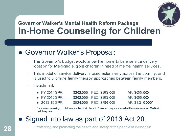 Governor Walker’s Mental Health Reform Package In-Home Counseling for Children l Governor Walker’s Proposal: