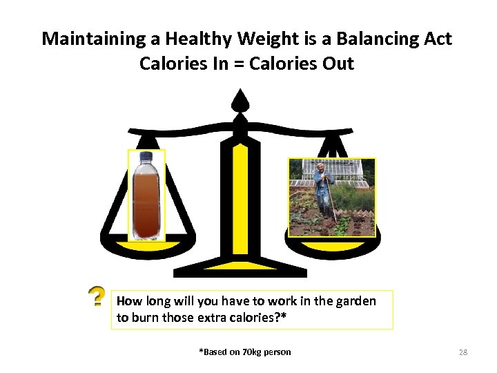 Maintaining a Healthy Weight is a Balancing Act Calories In = Calories Out How