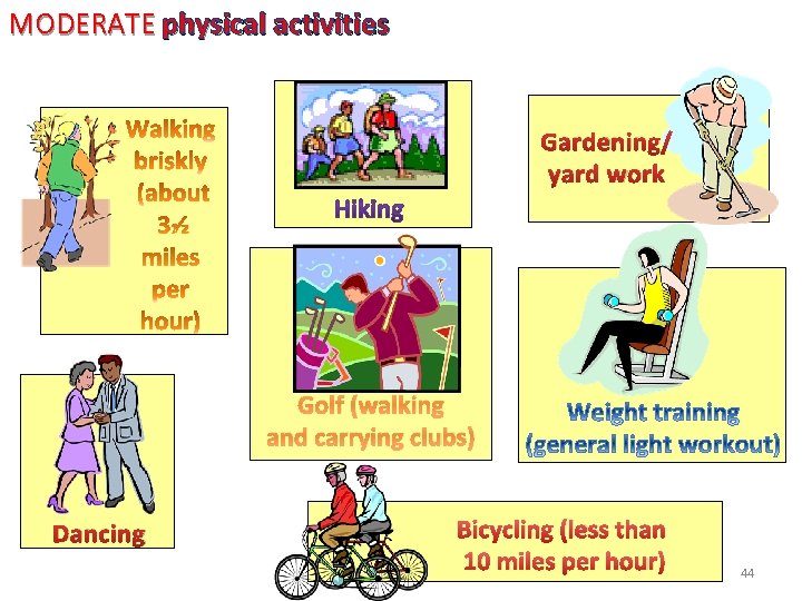 MODERATE physical activities Gardening/ yard work Golf (walking and carrying clubs) Dancing Bicycling (less