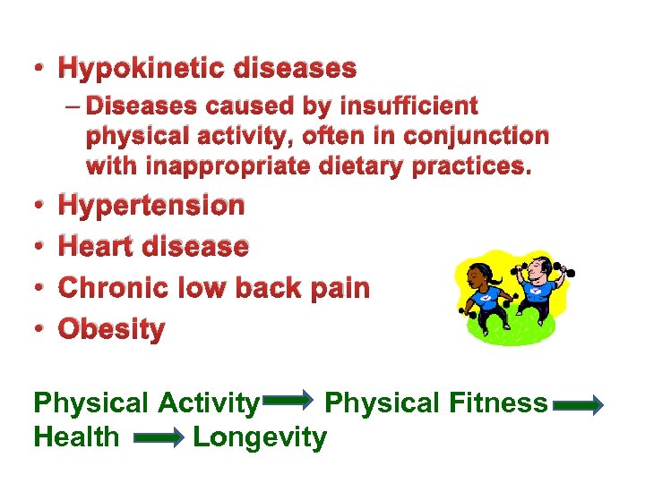  • Hypokinetic diseases – Diseases caused by insufficient physical activity, often in conjunction