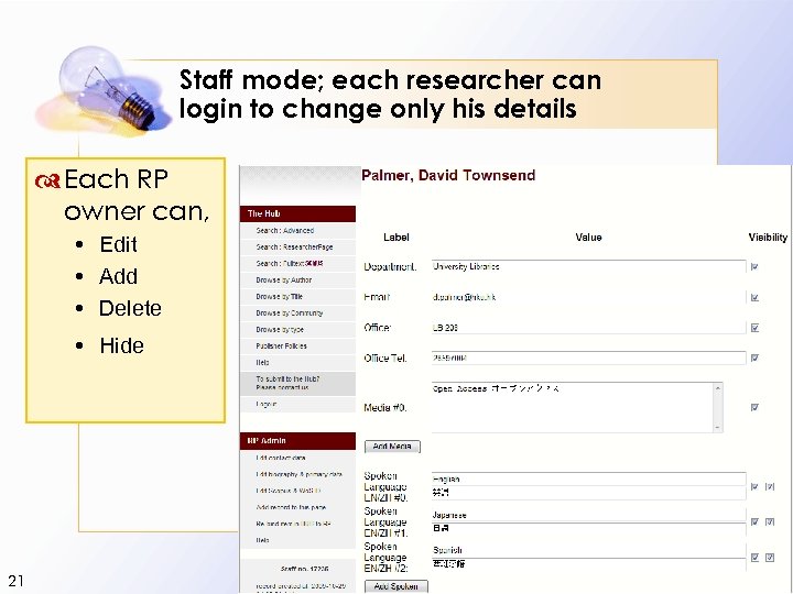 Staff mode; each researcher can login to change only his details Each RP owner