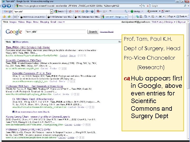 Prof. Tam, Paul K. H. Dept of Surgery, Head Pro-Vice Chancellor (Research) Hub appears