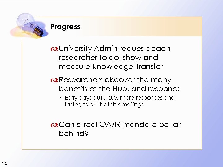 Progress University Admin requests each researcher to do, show and measure Knowledge Transfer Researchers