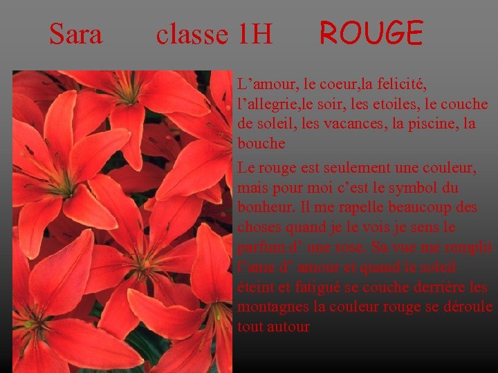Sara classe 1 H ROUGE L’amour, le coeur, la felicité, l’allegrie, le soir, les