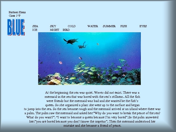 Barbieri Elena Class 1^F SEA ICE SKY NIGHT COLD BIRD WATER SUMMER FISH EYES