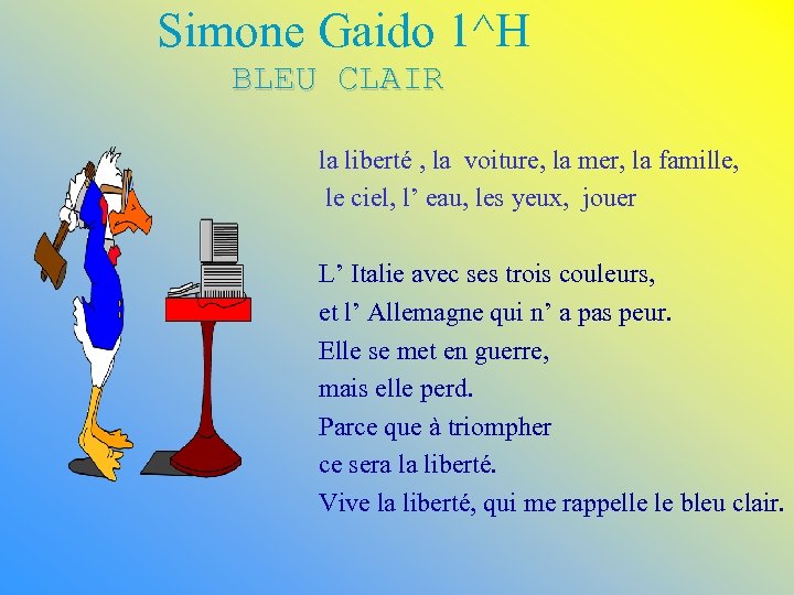 Simone Gaido 1^H BLEU CLAIR la liberté , la voiture, la mer, la famille,