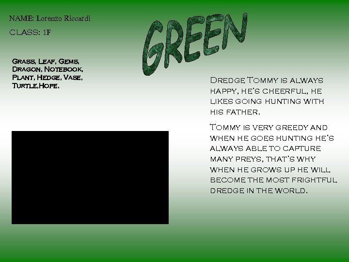 NAME: Lorenzo Riccardi CLASS: 1 F Grass, Leaf, Gems, Dragon, Notebook, Plant, Hedge, Vase,