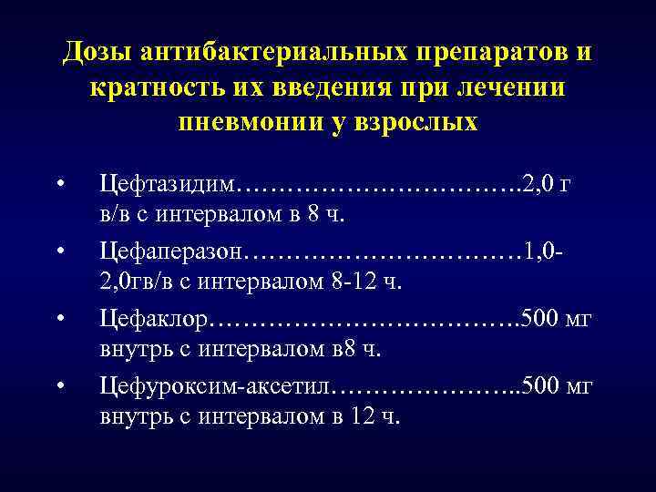 Дозы антибактериальных препаратов и кратность их введения при лечении пневмонии у взрослых • •