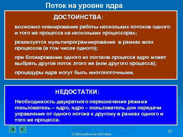 Поток на уровне ядра ДОСТОИНСТВА: Ø возможно планирование работы нескольких потоков одного и того