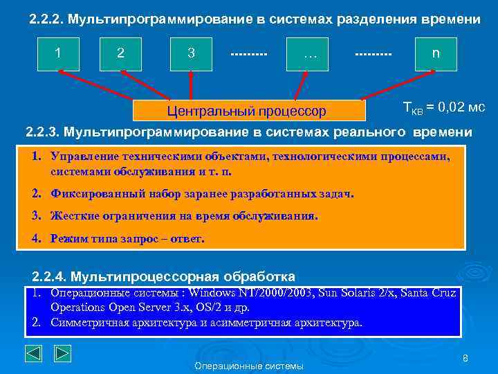 2. 2. 2. Мультипрограммирование в системах разделения времени 1 2 3 … n TКВ