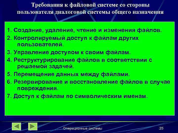 Требования к файловой системе со стороны пользователя диалоговой системы общего назначения 1. Создание, удаление,