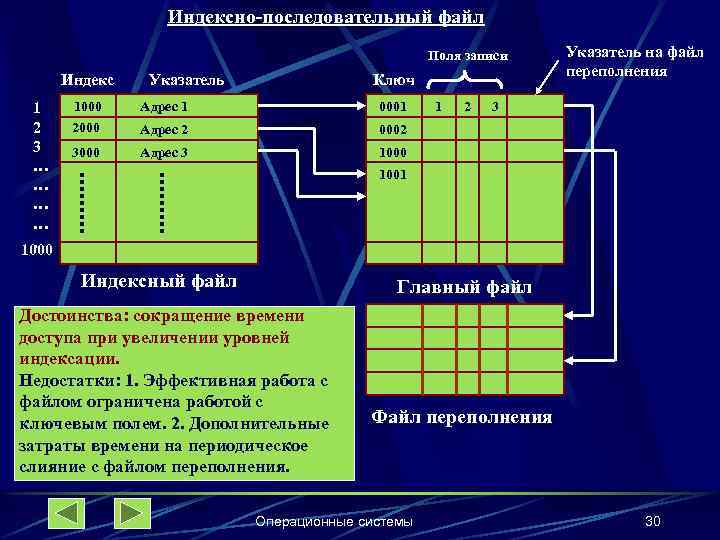 Индексно-последовательный файл Поля записи Индекс 1 2 3 … …. 1000 Указатель Ключ 1000