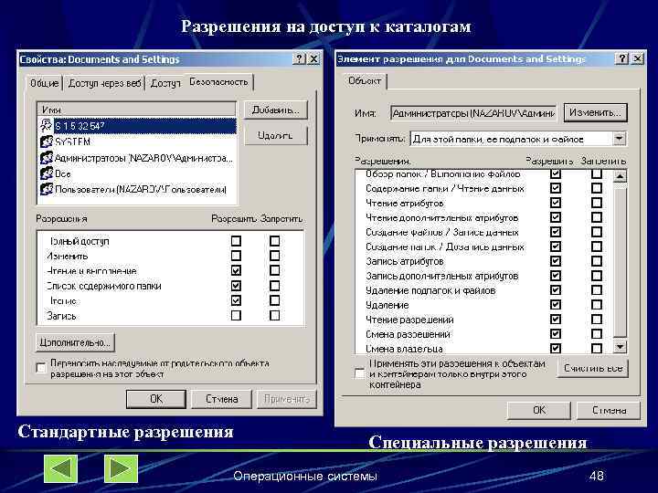 Разрешения на доступ к каталогам Стандартные разрешения Специальные разрешения Операционные системы 48 