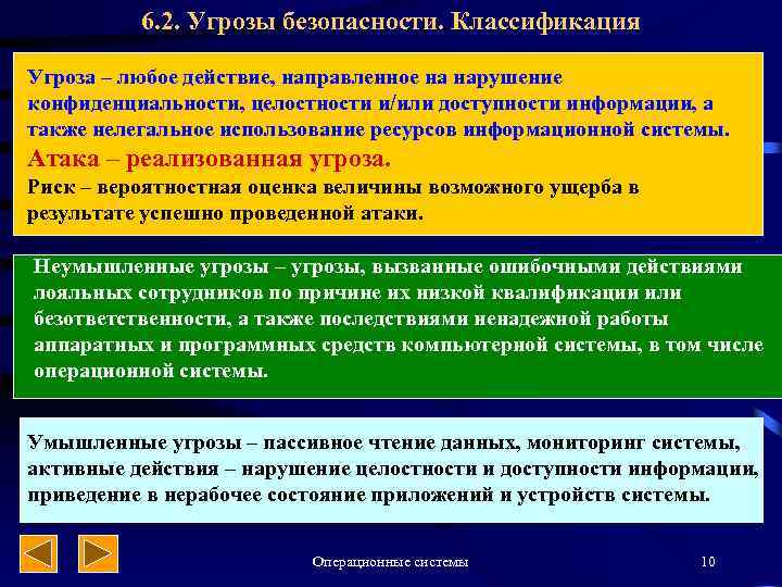 6. 2. Угрозы безопасности. Классификация Угроза – любое действие, направленное на нарушение конфиденциальности, целостности