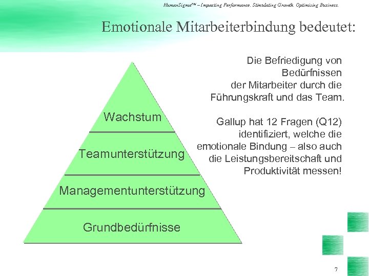 Human. Sigma. TM – Impacting Performance. Stimulating Growth. Optimizing Business. Emotionale Mitarbeiterbindung bedeutet: Die