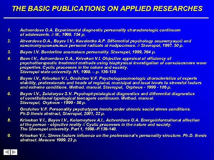 THE BASIC PUBLICATIONS ON APPLIED RESEARCHES 1. Achverdova O. A. Experimental diagnostic personality characterologic