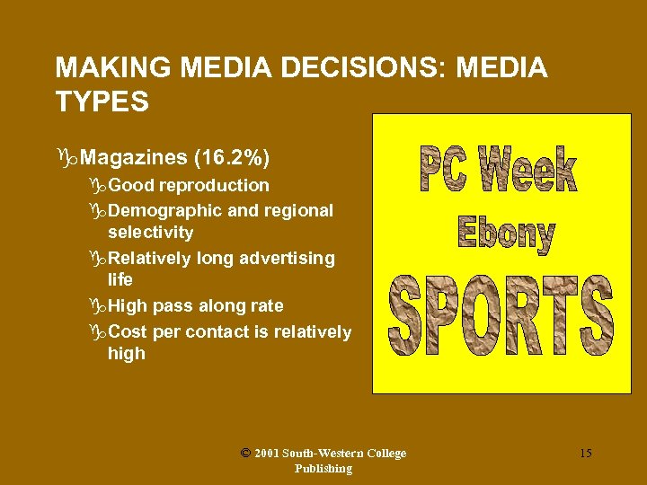 MAKING MEDIA DECISIONS: MEDIA TYPES g. Magazines (16. 2%) g. Good reproduction g. Demographic