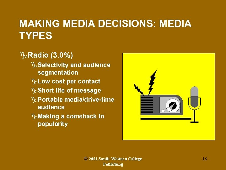 MAKING MEDIA DECISIONS: MEDIA TYPES g. Radio (3. 0%) g. Selectivity and audience segmentation