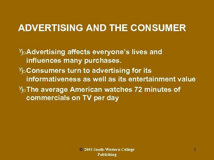 ADVERTISING AND THE CONSUMER g. Advertising affects everyone’s lives and influences many purchases. g.