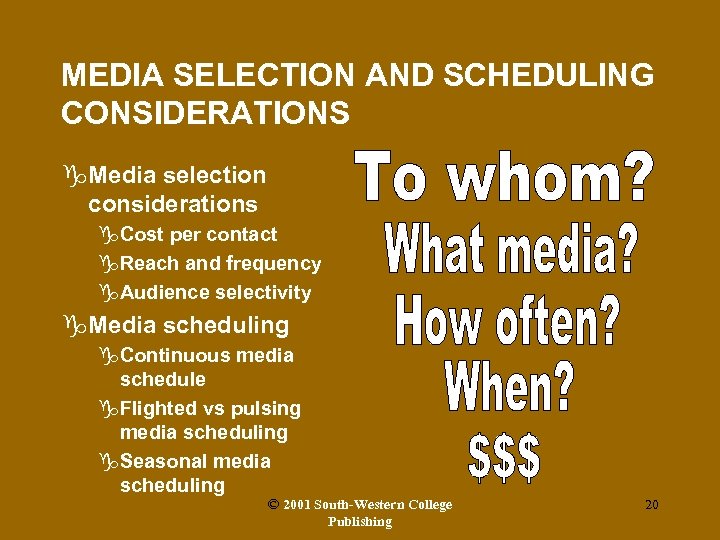 MEDIA SELECTION AND SCHEDULING CONSIDERATIONS g. Media selection considerations g. Cost per contact g.