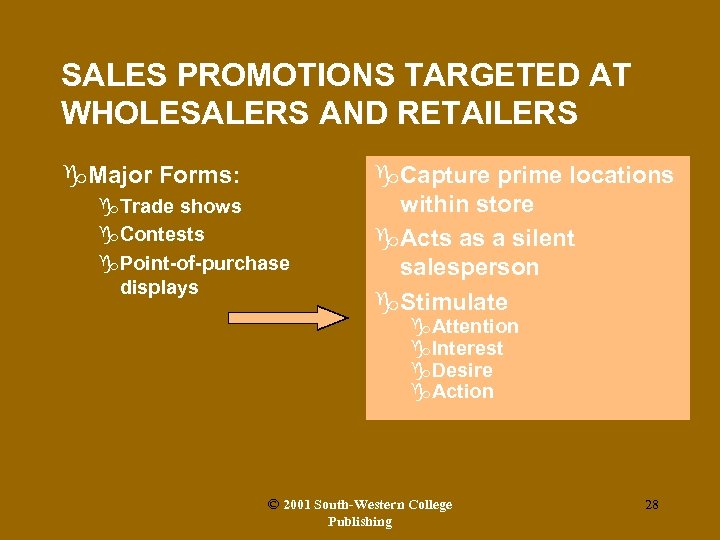 SALES PROMOTIONS TARGETED AT WHOLESALERS AND RETAILERS g. Major Forms: g. Trade shows g.