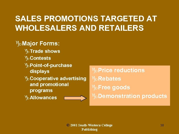 SALES PROMOTIONS TARGETED AT WHOLESALERS AND RETAILERS g. Major Forms: g. Trade shows g.