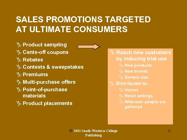 SALES PROMOTIONS TARGETED AT ULTIMATE CONSUMERS g Product sampling g Cents-off coupons g Rebates