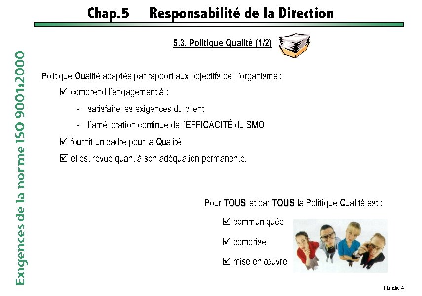 Chap. 5 Responsabilité de la Direction Exigences de la norme ISO 9001: 2000 5.