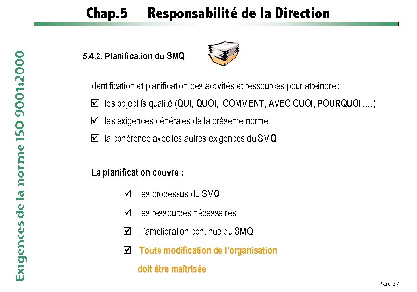 Exigences de la norme ISO 9001: 2000 Chap. 5 Responsabilité de la Direction 5.