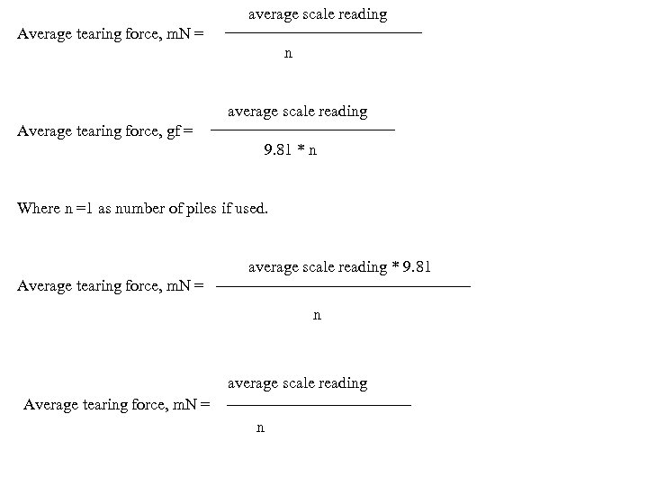  average scale reading Average tearing force, m. N = n average scale reading