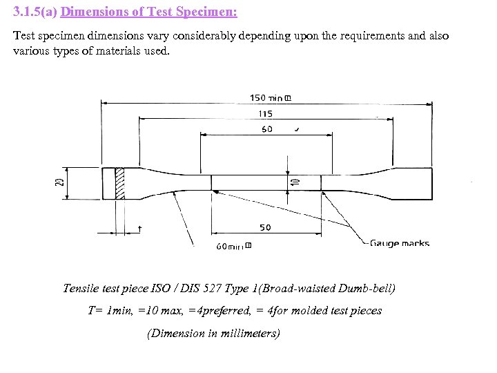 3. 1. 5(a) Dimensions of Test Specimen: Test specimen dimensions vary considerably depending upon