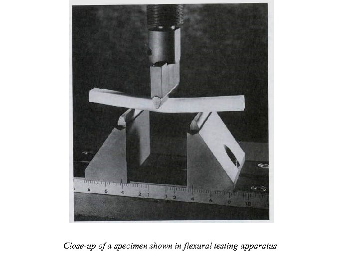 Close-up of a specimen shown in flexural testing apparatus 