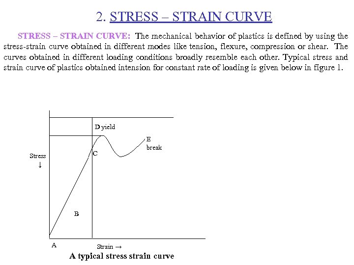 2. STRESS – STRAIN CURVE: The mechanical behavior of plastics is defined by using