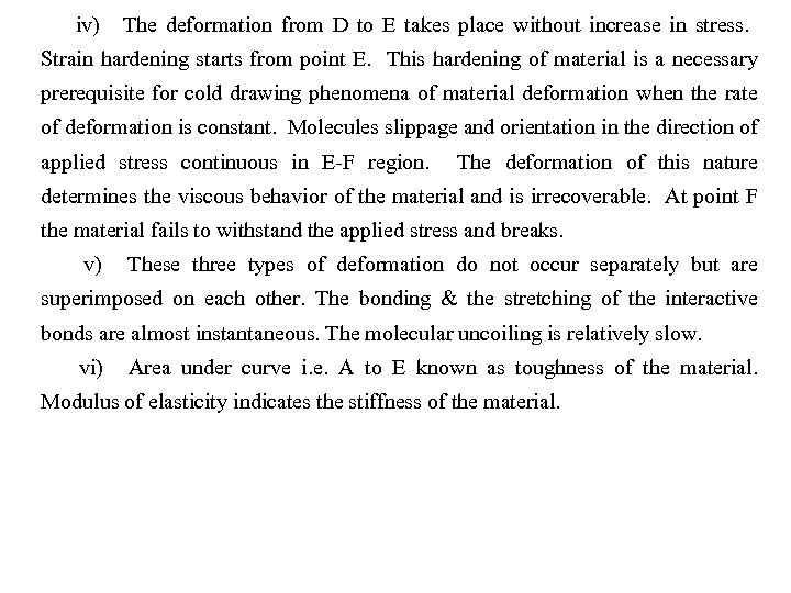 iv) The deformation from D to E takes place without increase in stress. Strain
