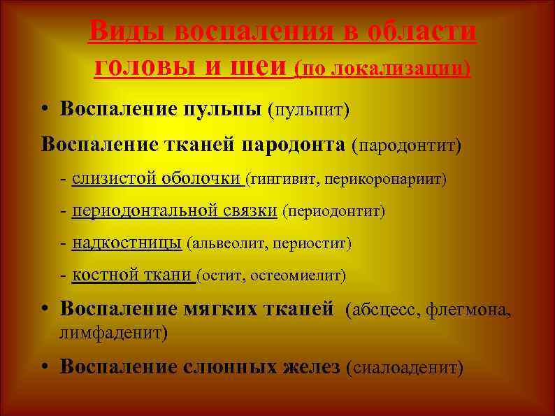 Виды воспаления в области головы и шеи (по локализации) • Воспаление пульпы (пульпит) Воспаление