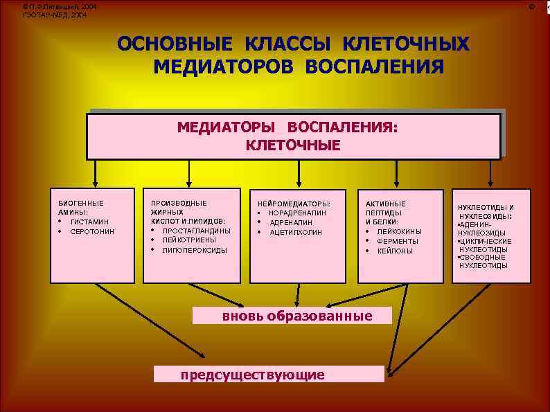 © П. Ф. Литвицкий, 2004 ГЭОТАР-МЕД, 2004 © ОСНОВНЫЕ КЛАССЫ КЛЕТОЧНЫХ МЕДИАТОРОВ ВОСПАЛЕНИЯ МЕДИАТОРЫ